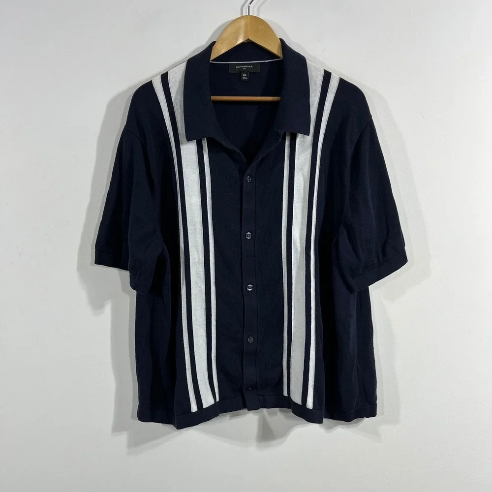Banana Republic Retro Bowling Vertical Stripe Knit Button Polo Shirt Mens XXL